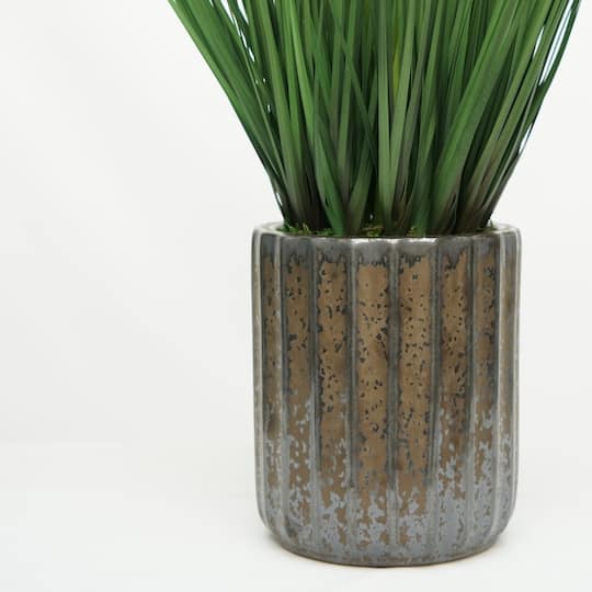 House of Silk Flowers 30" Faux Ornamental Onion Grass in Glazed Black Fluted Cylindrical Ceramic Pot